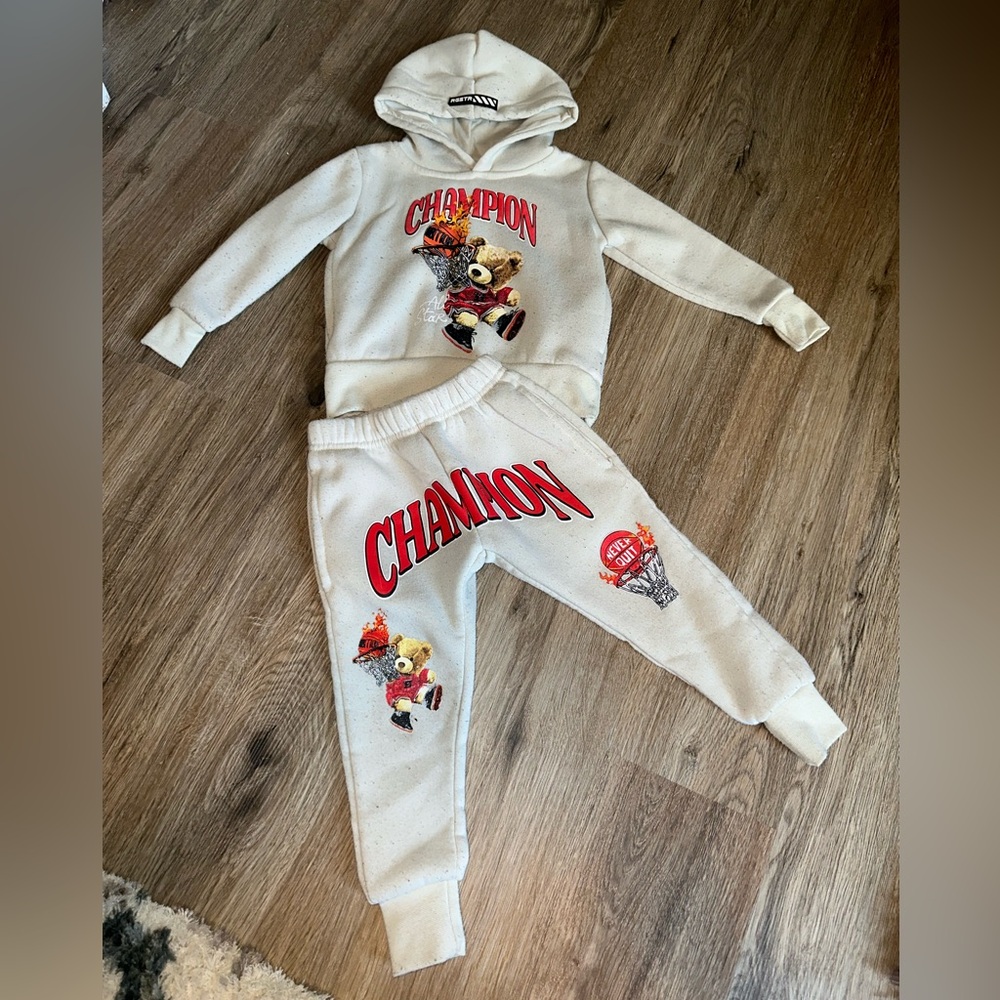 Champion Toddler Cream Hoodie with Bear and Basketball Graphic